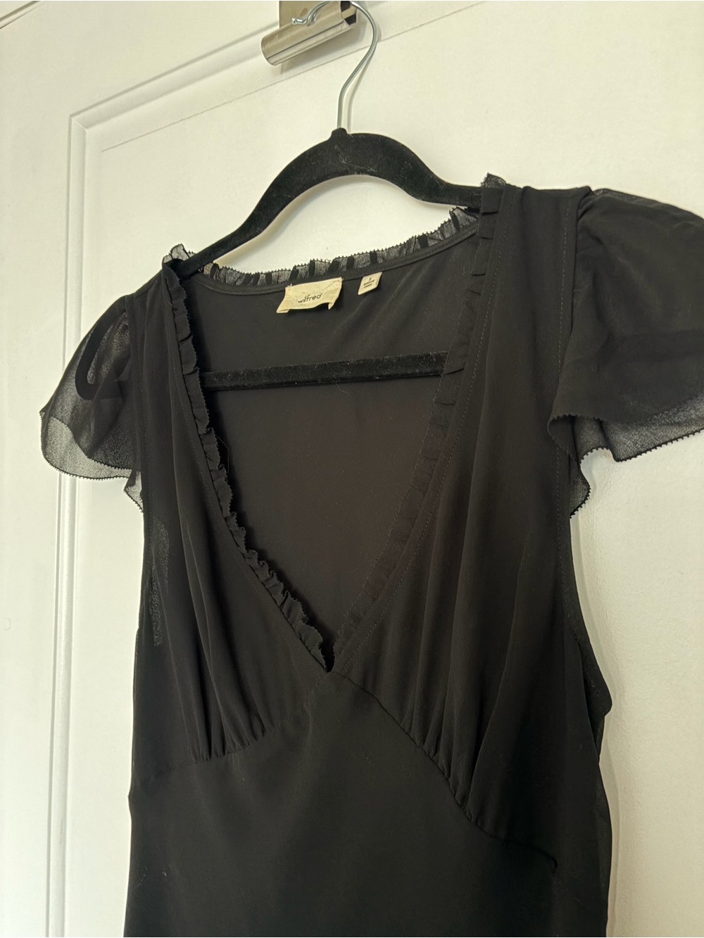 Aritzia Camelot Black V-Neck Midi Dress with Sheer Cap Sleeves - Picture 4 of 5